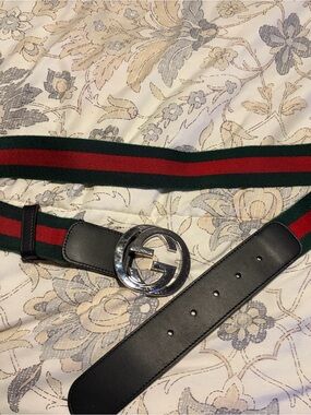 Gucci Black Leather Belt with Green and Red Web Stripe and Silver GG Buckle